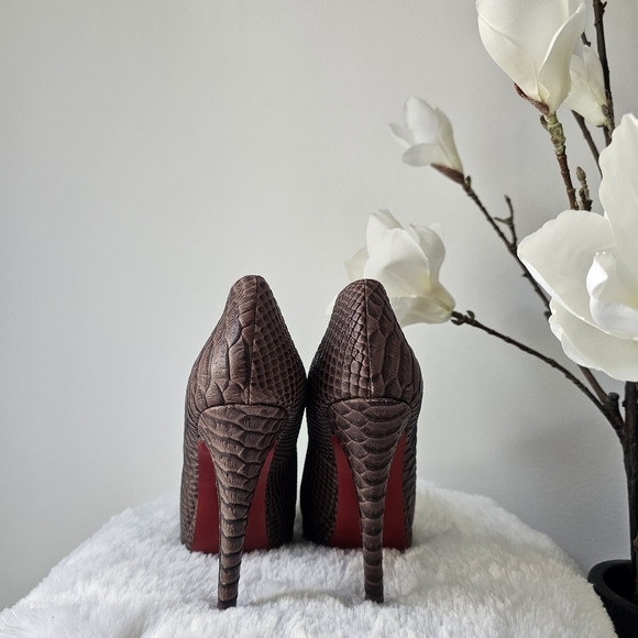 Christian Louboutin Brown Python Embossed Leather Peep Toe Pumps - Picture 5 of 11
